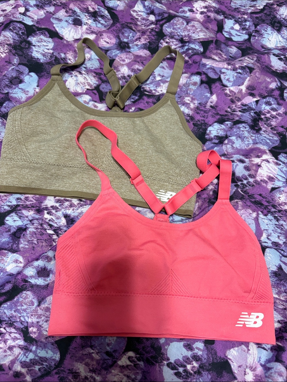 New Balance Coral Pink and Olive Green Strappy Sports Bras - 2 Pack